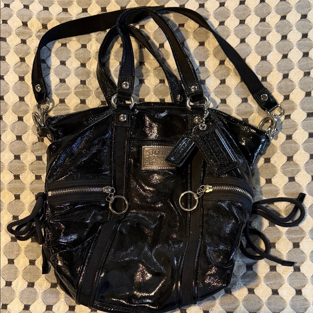 Coach Black Patent Leather Shoulder Bag with Zip Front Pockets